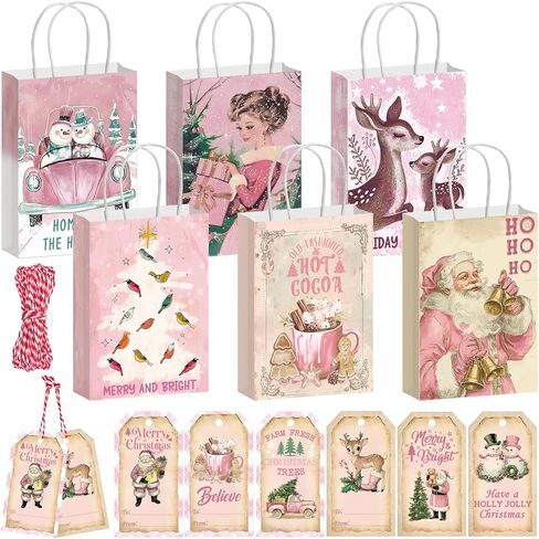 Kolldenn 24 Set Pink Vintage Christmas Paper Gift Bags with Tags Christmas Treat Goodies Bags with Handle Santa Claus Candy Pouch for Xmas Holiday Party Favor Decorations Supplies, 6 Designs in Saudi Arabia