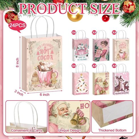 Kolldenn 24 Set Pink Vintage Christmas Paper Gift Bags with Tags Christmas Treat Goodies Bags with Handle Santa Claus Candy Pouch for Xmas Holiday Party Favor Decorations Supplies, 6 Designs in Saudi Arabia