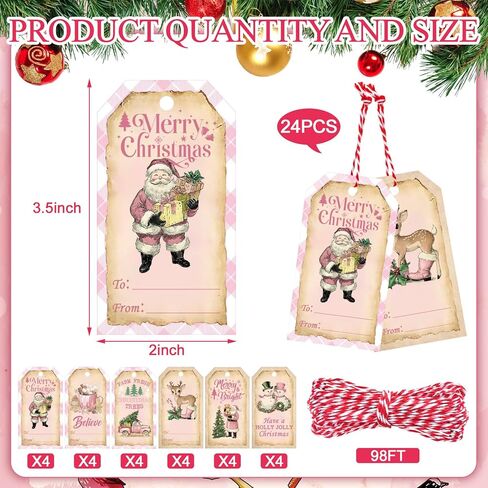 Kolldenn 24 Set Pink Vintage Christmas Paper Gift Bags with Tags Christmas Treat Goodies Bags with Handle Santa Claus Candy Pouch for Xmas Holiday Party Favor Decorations Supplies, 6 Designs in Saudi Arabia