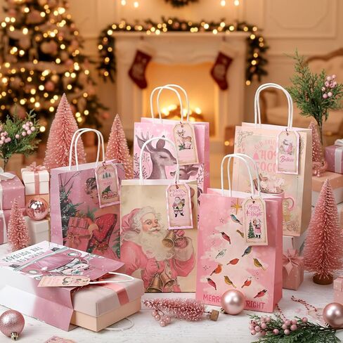 Kolldenn 24 Set Pink Vintage Christmas Paper Gift Bags with Tags Christmas Treat Goodies Bags with Handle Santa Claus Candy Pouch for Xmas Holiday Party Favor Decorations Supplies, 6 Designs in Saudi Arabia
