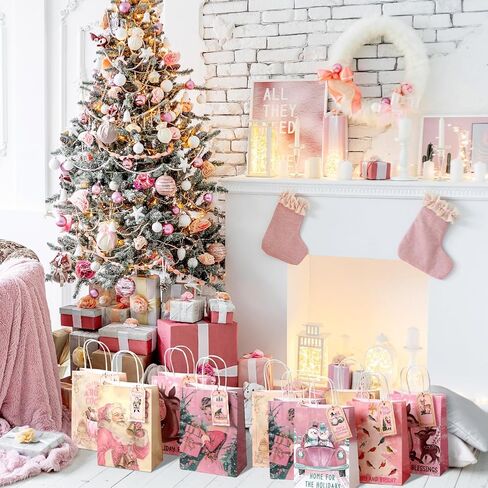 Kolldenn 24 Set Pink Vintage Christmas Paper Gift Bags with Tags Christmas Treat Goodies Bags with Handle Santa Claus Candy Pouch for Xmas Holiday Party Favor Decorations Supplies, 6 Designs in Saudi Arabia
