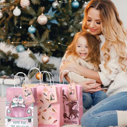 Kolldenn 24 Set Pink Vintage Christmas Paper Gift Bags with Tags Christmas Treat Goodies Bags with Handle Santa Claus Candy Pouch for Xmas Holiday Party Favor Decorations Supplies, 6 Designs in Saudi Arabia