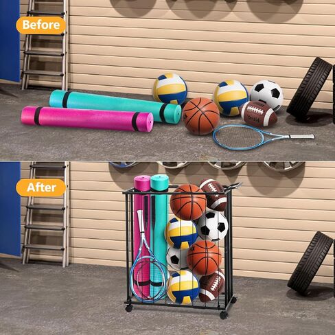 Columnar Vertical Ball Storage Racks with Wheels-NEW Durable 58x13'' Rolling Basketball Holder Wall Mount for Soccer, Volleyball, Space-Saving Garage Sports Ball Rack Organizer for Home,Gym & Outdoors in Saudi Arabia