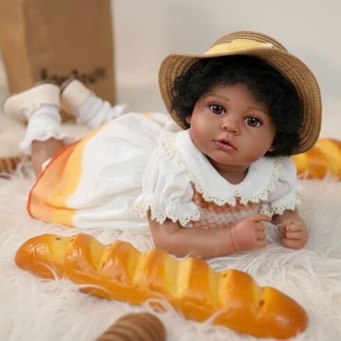 22inch Big Vinyl ＆ Fabric Lifelike Reborn Baby Doll, Black/White Newborn Doll with Cute Dress, Realistic Baby Doll with Magnetic Pacifier for Gifts, Name Stella (Orange Skirt) in Saudi Arabia
