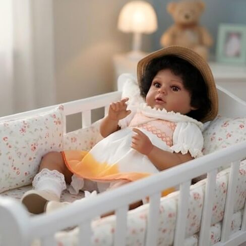 22inch Big Vinyl ＆ Fabric Lifelike Reborn Baby Doll, Black/White Newborn Doll with Cute Dress, Realistic Baby Doll with Magnetic Pacifier for Gifts, Name Stella (Orange Skirt) in Saudi Arabia