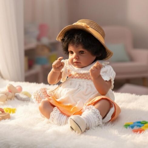22inch Big Vinyl ＆ Fabric Lifelike Reborn Baby Doll, Black/White Newborn Doll with Cute Dress, Realistic Baby Doll with Magnetic Pacifier for Gifts, Name Stella (Orange Skirt) in Saudi Arabia