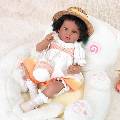 22inch Big Vinyl ＆ Fabric Lifelike Reborn Baby Doll, Black/White Newborn Doll with Cute Dress, Realistic Baby Doll with Magnetic Pacifier for Gifts, Name Stella (Orange Skirt) in Saudi Arabia