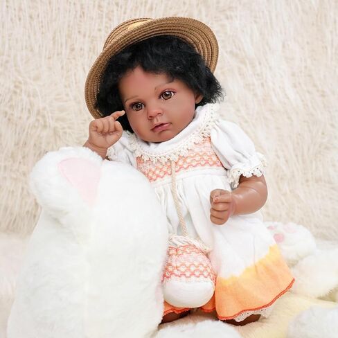 22inch Big Vinyl ＆ Fabric Lifelike Reborn Baby Doll, Black/White Newborn Doll with Cute Dress, Realistic Baby Doll with Magnetic Pacifier for Gifts, Name Stella (Orange Skirt) in Saudi Arabia