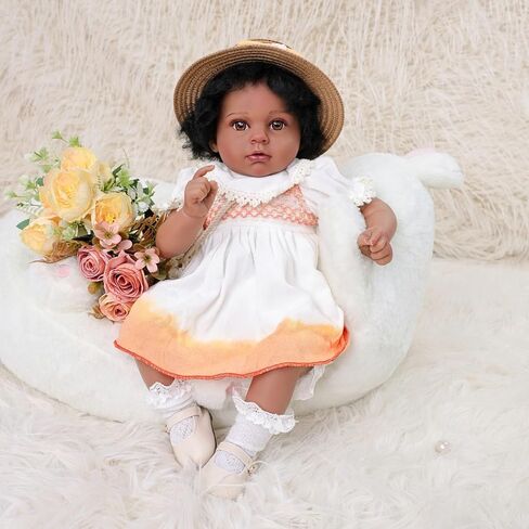 22inch Big Vinyl ＆ Fabric Lifelike Reborn Baby Doll, Black/White Newborn Doll with Cute Dress, Realistic Baby Doll with Magnetic Pacifier for Gifts, Name Stella (Orange Skirt) in Saudi Arabia