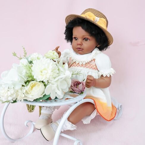 22inch Big Vinyl ＆ Fabric Lifelike Reborn Baby Doll, Black/White Newborn Doll with Cute Dress, Realistic Baby Doll with Magnetic Pacifier for Gifts, Name Stella (Orange Skirt) in Saudi Arabia