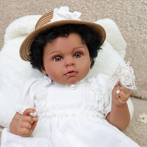 22inch Big Vinyl ＆ Fabric Lifelike Reborn Baby Doll, Black/White Newborn Doll with Cute Dress, Realistic Baby Doll with Magnetic Pacifier for Gifts, Name Stella (Orange Skirt) in Saudi Arabia