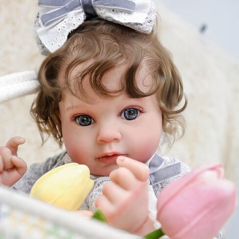 22inch Big Vinyl ＆ Fabric Lifelike Reborn Baby Doll, Black/White Newborn Doll with Cute Dress, Realistic Baby Doll with Magnetic Pacifier for Gifts, Name Stella (Orange Skirt) in Saudi Arabia