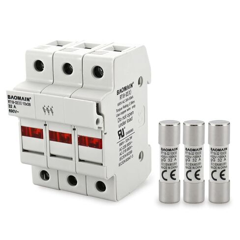 Baomain Cylindrical Fuse Holder RT18-32(X) 10mm X 38mm Fuse Base 3 Poles DIN Rail Mount with 20 PCS of RO15 Fuse (5 Amp) in Saudi Arabia