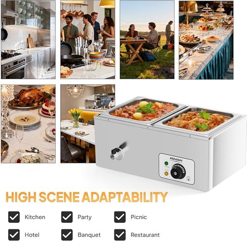 ROVSUN 21QT Electric Commercial Food Warmer, 3-Pan Steam Table 6.9 QT/Pan Stainless Steel Bain Marie Buffet Countertop with Temperature Control & Lid for Parties, Catering, Restaurants 110V in Kuwait