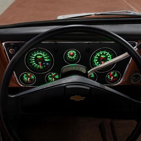 حزمة مجموعة GlowShift ذات 7 قياسات متوافقة مع Chevy C10 1967-1972 - عداد سرعة ملون بـ 7 ألوان، Tach، ضغط الزيت، درجة حرارة الماء، مستوى الوقود، الساعة ومقاييس الفولت - لوحة لوحة القيادة ملائمة مباشرة in Saudi Arabia