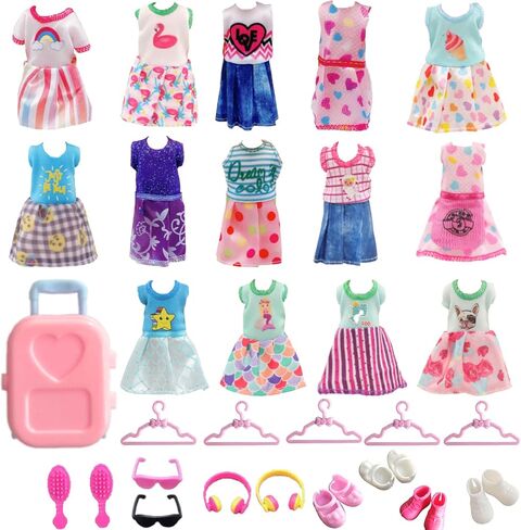 Mini 6 inch Doll Clothes and Accessories Set, Including 14 Fashion Doll Clothes 5 Hangers 4 Shoes 2 Glasses 2 Comb 1 Luggage 1 Earphone for 5.3 - 6 Inch Dolls(Doll not Including) in Saudi Arabia