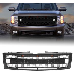 Front Grille Compatible with 2007-2013 Silverado 1500 LS/LT/LTZ/WT Models, Aftermarket Matte Black Grille with 3 LED Lights and 2 Side Lights, Black Letters in Saudi Arabia