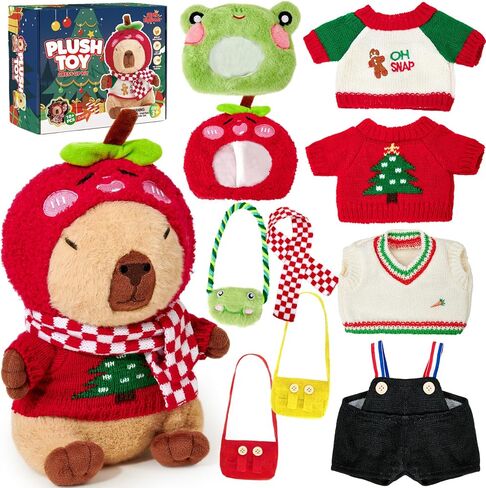 Christmas Capybara Plush with Clothes for Kids Girl Boy, 12pcs Soft Brown Stuffed Animal Toy Set, Dress-Up Outfit Accessories Hat/Bag/Scarf, Toddler Pretend Play Birthday Gift 3 4 5 6 7 8 in Saudi Arabia