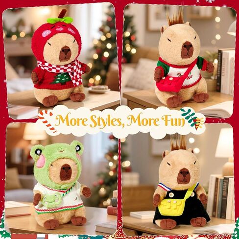 Christmas Capybara Plush with Clothes for Kids Girl Boy, 12pcs Soft Brown Stuffed Animal Toy Set, Dress-Up Outfit Accessories Hat/Bag/Scarf, Toddler Pretend Play Birthday Gift 3 4 5 6 7 8 in Saudi Arabia