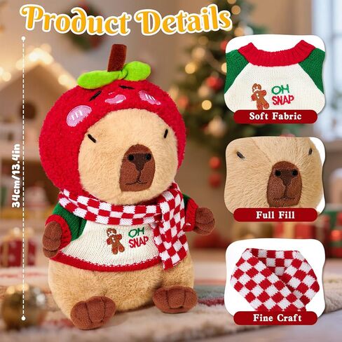 Christmas Capybara Plush with Clothes for Kids Girl Boy, 12pcs Soft Brown Stuffed Animal Toy Set, Dress-Up Outfit Accessories Hat/Bag/Scarf, Toddler Pretend Play Birthday Gift 3 4 5 6 7 8 in Saudi Arabia