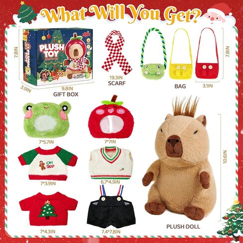 Christmas Capybara Plush with Clothes for Kids Girl Boy, 12pcs Soft Brown Stuffed Animal Toy Set, Dress-Up Outfit Accessories Hat/Bag/Scarf, Toddler Pretend Play Birthday Gift 3 4 5 6 7 8 in Saudi Arabia