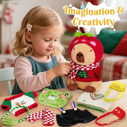 Christmas Capybara Plush with Clothes for Kids Girl Boy, 12pcs Soft Brown Stuffed Animal Toy Set, Dress-Up Outfit Accessories Hat/Bag/Scarf, Toddler Pretend Play Birthday Gift 3 4 5 6 7 8 in Saudi Arabia