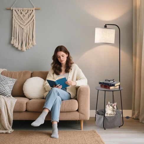 Floor Lamp with Cat Bed and Charging Station, Adjustable Lampshade, 3 Color Temperatures, Remote & Rocker Switch Control, Standing Lamp with USB & AC Outlets for Living Room Bedroom, Gray in Saudi Arabia