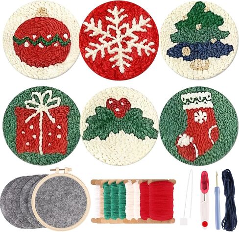 6PCS Christmas Pattern Punch Needle Coasters Kit, Easy DIY Punch Needle Embroidery Kit for Beginners Adults Kids Including Patterns, Tools, Yarns, Hoop, Instruction, Coaster Holder Art Craft Supplies in Saudi Arabia