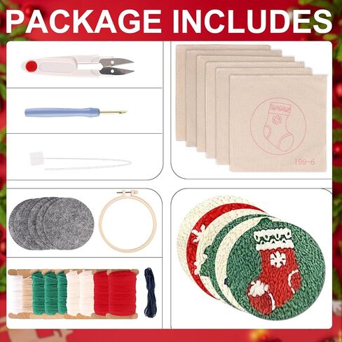 6PCS Christmas Pattern Punch Needle Coasters Kit, Easy DIY Punch Needle Embroidery Kit for Beginners Adults Kids Including Patterns, Tools, Yarns, Hoop, Instruction, Coaster Holder Art Craft Supplies in Saudi Arabia