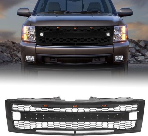 شبكة أمامية متوافقة مع موديلات 2007-2013 سيلفرادو 1500 LS/LT/LTZ/WT، شبكة سوداء غير لامعة لما بعد البيع مع 3 مصابيح LED ومصباحين جانبيين، حروف سوداء in Kuwait