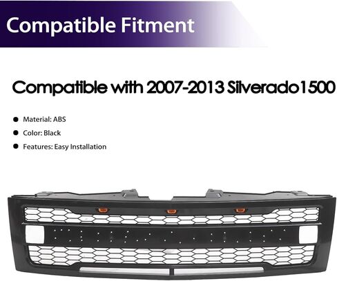 شبكة أمامية متوافقة مع موديلات 2007-2013 سيلفرادو 1500 LS/LT/LTZ/WT، شبكة سوداء غير لامعة لما بعد البيع مع 3 مصابيح LED ومصباحين جانبيين، حروف سوداء in Kuwait
