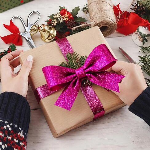 2 قطعة شريط بريق وردي ساخن 10 ياردات، شريط عيد الميلاد 2.5 بوصة لتغليف الهدايا، باقات الزهور، أقواس الشعر، تزيين شجرة عيد الميلاد للديكور الداخلي في الهواء الطلق وحفلات الزفاف وحفلات استقبال المولود الجديد in Kuwait
