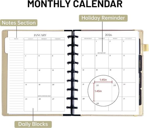 FLYING EAGLE Discbound Planner 2026 أسبوعيًا وشهريًا 12 شهرًا يناير 2026 - ديسمبر 2026 مخططات تقويم 7.8 × 9.6 بوصة مخطط غلاف صلب مع علامات التبويب، جيب داخلي، حامل قلم، إغلاق مرن، أسود in Saudi Arabia