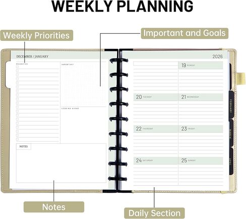 FLYING EAGLE Discbound Planner 2026 أسبوعيًا وشهريًا 12 شهرًا يناير 2026 - ديسمبر 2026 مخططات تقويم 7.8 × 9.6 بوصة مخطط غلاف صلب مع علامات التبويب، جيب داخلي، حامل قلم، إغلاق مرن، أسود in Saudi Arabia