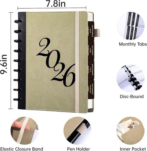 FLYING EAGLE Discbound Planner 2026 أسبوعيًا وشهريًا 12 شهرًا يناير 2026 - ديسمبر 2026 مخططات تقويم 7.8 × 9.6 بوصة مخطط غلاف صلب مع علامات التبويب، جيب داخلي، حامل قلم، إغلاق مرن، أسود in Saudi Arabia