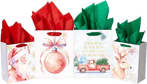 Jotique 4 Christmas Gift Bags with Tissue Paper & Foil, 7x4x9& 10x5x13 Medium Size Heavy Duty Xmas Holiday Gift Wrapping Bags for Presents, 4 Assorted Pink Festival Transitional Designs in Saudi Arabia
