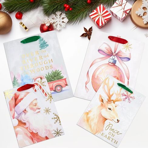 Jotique 4 Christmas Gift Bags with Tissue Paper & Foil, 7x4x9& 10x5x13 Medium Size Heavy Duty Xmas Holiday Gift Wrapping Bags for Presents, 4 Assorted Pink Festival Transitional Designs in Saudi Arabia