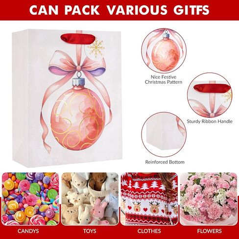 Jotique 4 Christmas Gift Bags with Tissue Paper & Foil, 7x4x9& 10x5x13 Medium Size Heavy Duty Xmas Holiday Gift Wrapping Bags for Presents, 4 Assorted Pink Festival Transitional Designs in Saudi Arabia