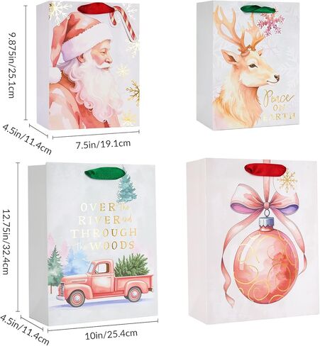 Jotique 4 Christmas Gift Bags with Tissue Paper & Foil, 7x4x9& 10x5x13 Medium Size Heavy Duty Xmas Holiday Gift Wrapping Bags for Presents, 4 Assorted Pink Festival Transitional Designs in Saudi Arabia