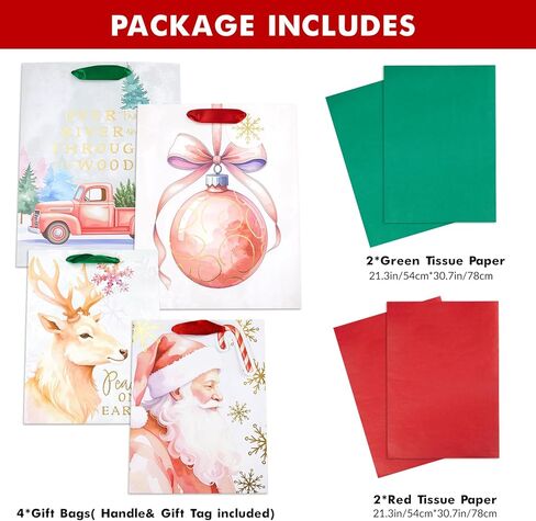 Jotique 4 Christmas Gift Bags with Tissue Paper & Foil, 7x4x9& 10x5x13 Medium Size Heavy Duty Xmas Holiday Gift Wrapping Bags for Presents, 4 Assorted Pink Festival Transitional Designs in Saudi Arabia