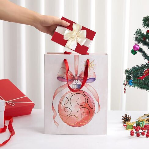 Jotique 4 Christmas Gift Bags with Tissue Paper & Foil, 7x4x9& 10x5x13 Medium Size Heavy Duty Xmas Holiday Gift Wrapping Bags for Presents, 4 Assorted Pink Festival Transitional Designs in Saudi Arabia