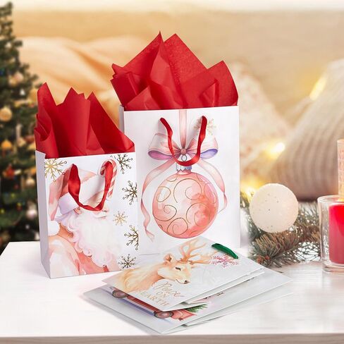 Jotique 4 Christmas Gift Bags with Tissue Paper & Foil, 7x4x9& 10x5x13 Medium Size Heavy Duty Xmas Holiday Gift Wrapping Bags for Presents, 4 Assorted Pink Festival Transitional Designs in Saudi Arabia