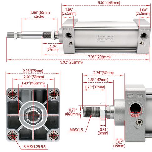 Pneumatic Standard Cylinder, SC 63-100, PT3/8'' Port, 63mm Bore, 100mm Stroke, Double Acting in Saudi Arabia