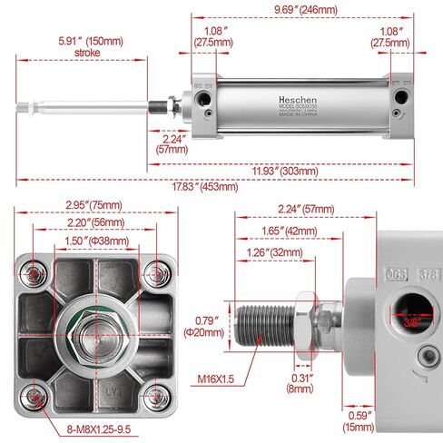 Pneumatic Standard Cylinder, SC 63-100, PT3/8'' Port, 63mm Bore, 100mm Stroke, Double Acting in Saudi Arabia
