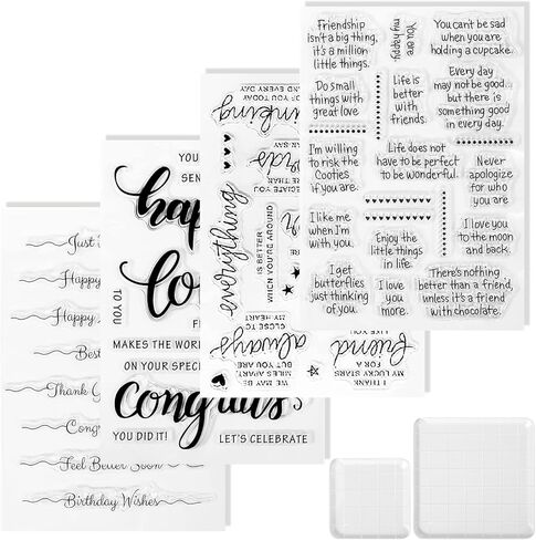 4 Sheets Clear Rubber Stamps for Card Making with 2pcs Acrylic Stamp Block Tools, Sentiments Motivational Stamps with Warm Words for Crafting Scrapbooking in Saudi Arabia