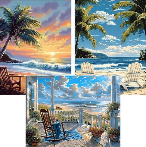 3 Pack Diamond Art Kits for Adults, Beach Diamond Painting Kits for Adults, 5D DIY Round Drill Gem Art Paint with Diamonds Dots Crafts Kits for Home Decor Gift 12x16inch in Saudi Arabia