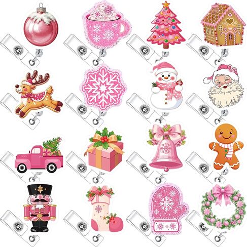 16 Pcs Christmas Pink Winter Nurse Badge Reel Retractable with ID Clip Bling Snowman Snowflakes Holiday Gift Badge Holder for Nursing Er ICU Women Men Office Doctors in Saudi Arabia