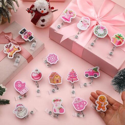 16 Pcs Christmas Pink Winter Nurse Badge Reel Retractable with ID Clip Bling Snowman Snowflakes Holiday Gift Badge Holder for Nursing Er ICU Women Men Office Doctors in Saudi Arabia
