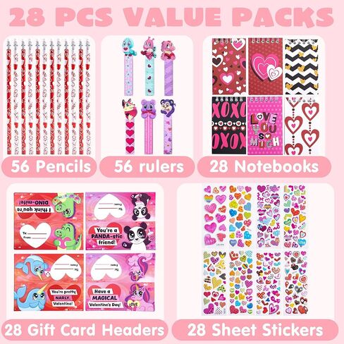 JOYIN 28 Packs Valentine's Day Stationery Set with Gift Card for Kids, Includes Pencils, Rulers, Notebook and Stickers for Classroom Exchange Party Favors Supplies in Saudi Arabia