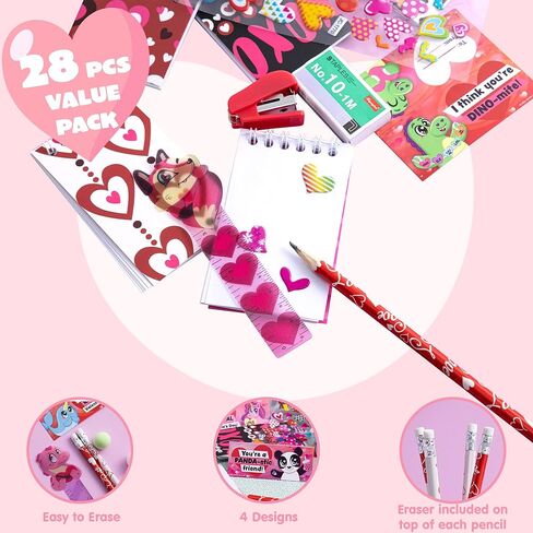 JOYIN 28 Packs Valentine's Day Stationery Set with Gift Card for Kids, Includes Pencils, Rulers, Notebook and Stickers for Classroom Exchange Party Favors Supplies in Saudi Arabia